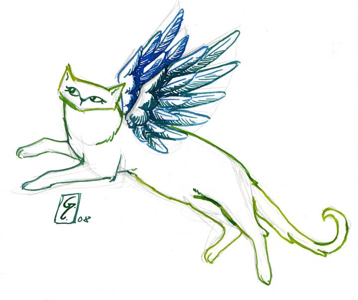 719x602 Flying Cat Alice Ecoline Water Color Illustration