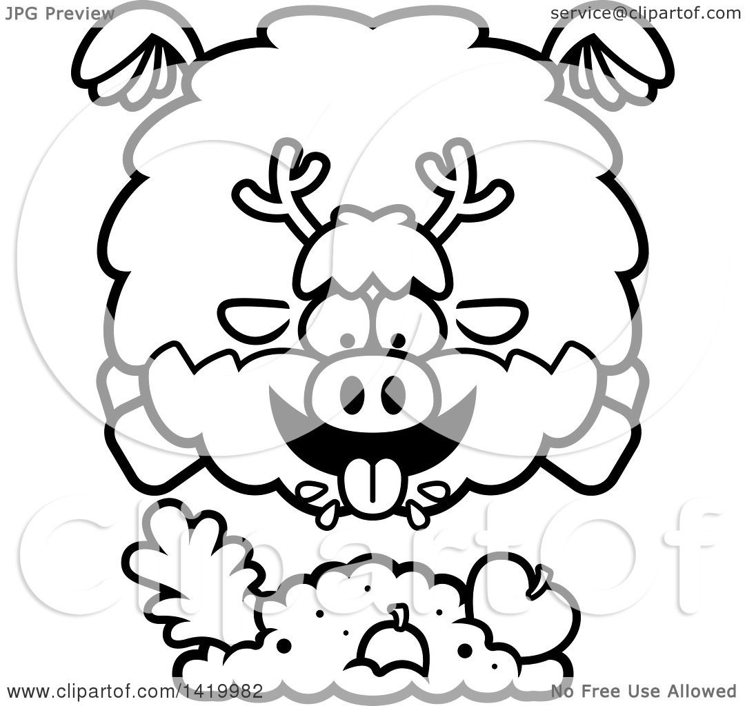 1080x1024 Clipart Of A Cartoon Black And White Lineart Chubby Reindeer