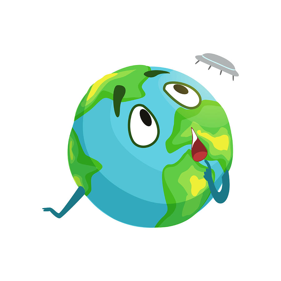 900x899 funny earth planet character looking at flying saucer, cute globe