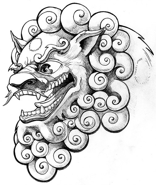 505x600 crazy grey ink foo dog head tattoo design