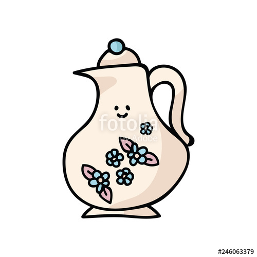 500x500 Kawaii Fancy Teapot Cartoon Vector Illustration Motif Set Hand
