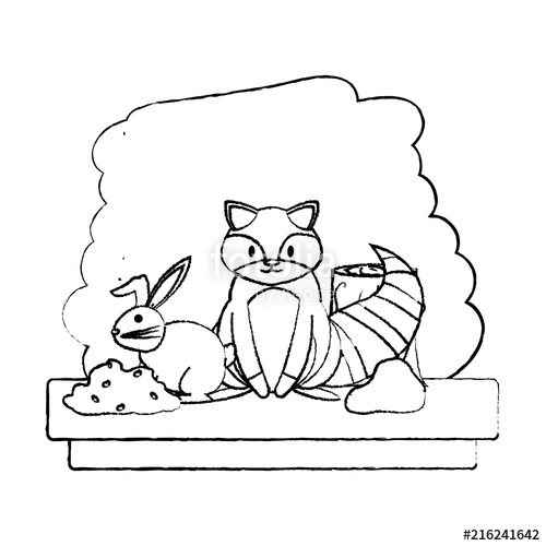 500x500 Grunge Rabbit And Raccoon Wild Animals In The Forest Stock Image