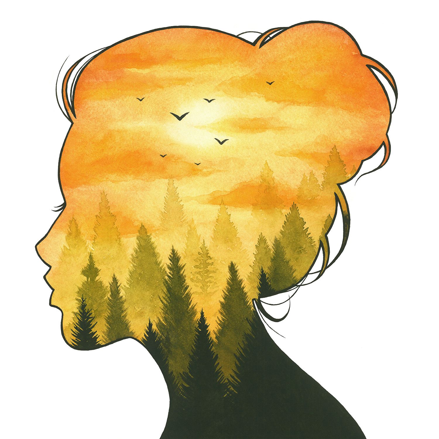 1500x1500 Watercolor Printable Art Portrait Sunset Landscape Wall Art Trees