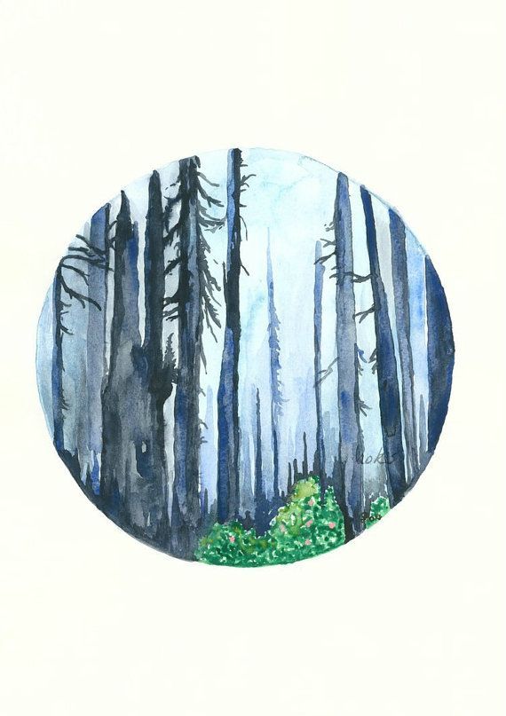 570x807 blue forest art print, watercolor painting forest painting