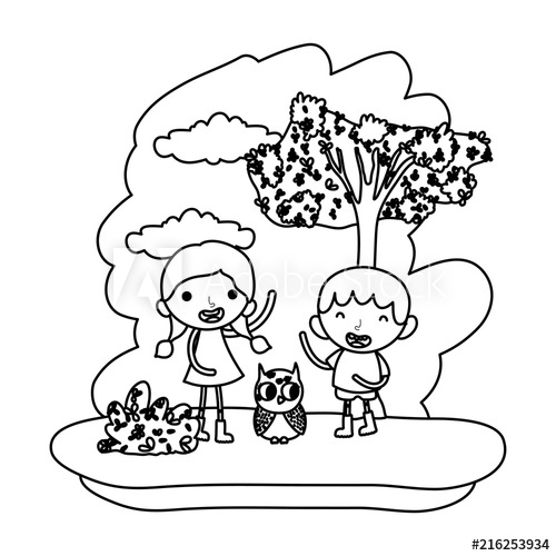 500x500 Line Children Playing With Cute Owl In The Forest