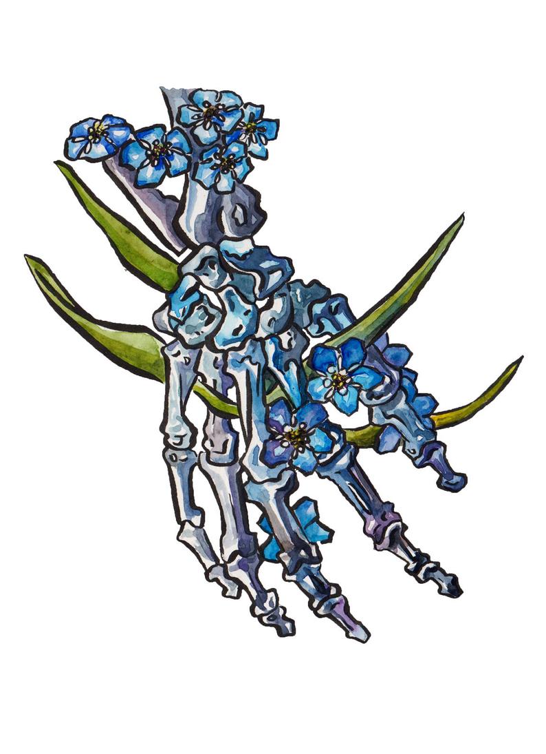 794x1095 Forget Me Not Art Print Skeleton Hand With Flowers Bones Etsy