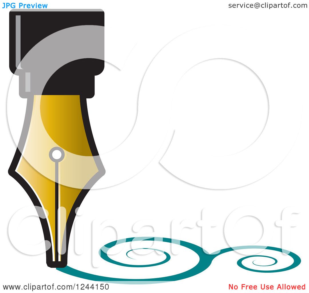1080x1024 clipart of a vintage fountain pen nib drawing teal swirls