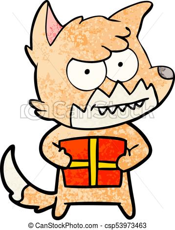 358x470 Cartoon Grinning Fox With Present Clip Art Vector