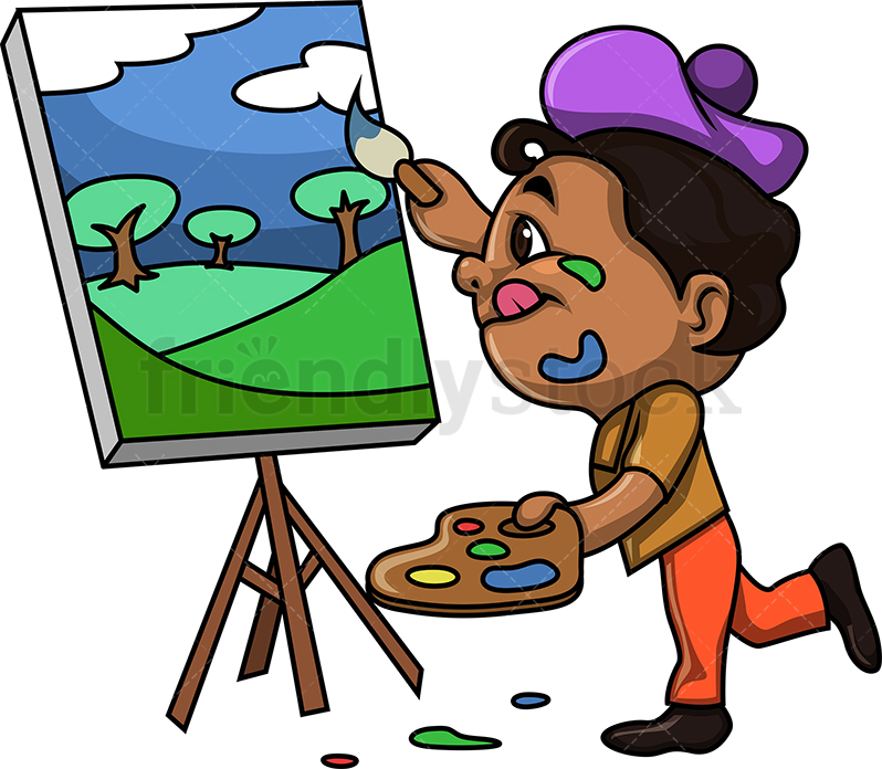 798x696 Black Kid Painting A Landscape Cartoon Clipart Vector