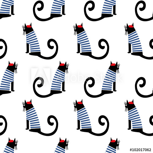 500x500 French Style Cat Seamless Pattern Cute Cartoon Sitting Parisian