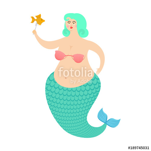 500x500 Mermaid And Fish Fat Mythical Sea Woman Eating Fried Fish Vector