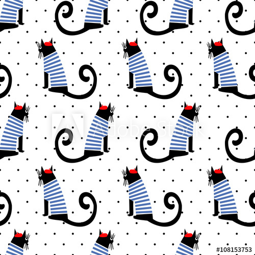 500x500 French Style Cat Seamless Pattern On Polka Dots Background Cute