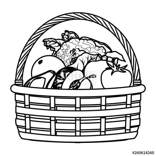 500x500 Wicker Basket With Fruit And Vegetables Black And White Stock