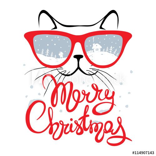 500x500 Christmas Card, Cat In Glassesfunny Christmas Hand Drawing