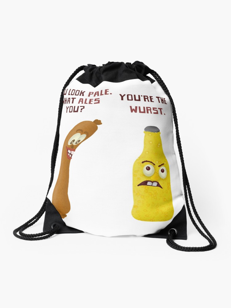 750x1000 Beer Ale Bratwurst Joke Funny Cartoon Pun Drawstring Bag
