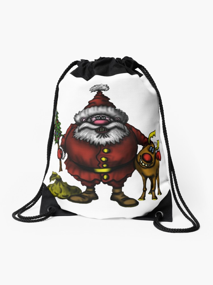 750x1000 Funny Santa Claus With Rudolph Drawing Drawstring Bag