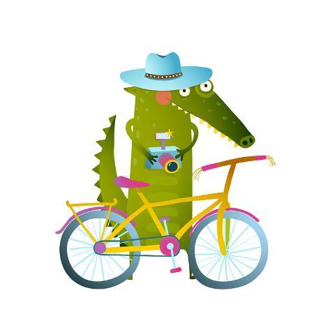 473x473 Cyclist Crocodile Tourist With Blue Hat, Suitcase And Camera