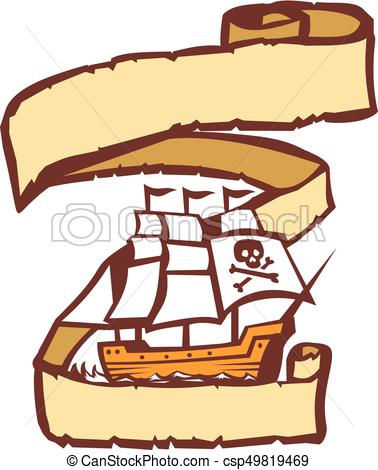 378x470 pirate ship sailing scroll retro illustration of a pirate sailing