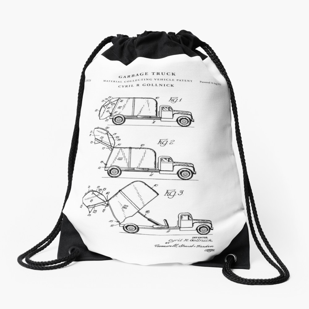 1000x1000 Garbage Truck Patent Drawing Blueprint Drawstring Bag