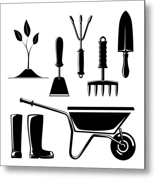 493x572 Silhouette Of Garden And Landscaping Tools Metal Print