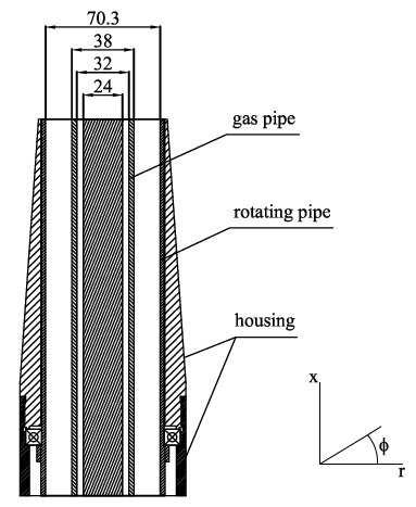 383x467 drawing of the downstream part of the burner through radial inlets