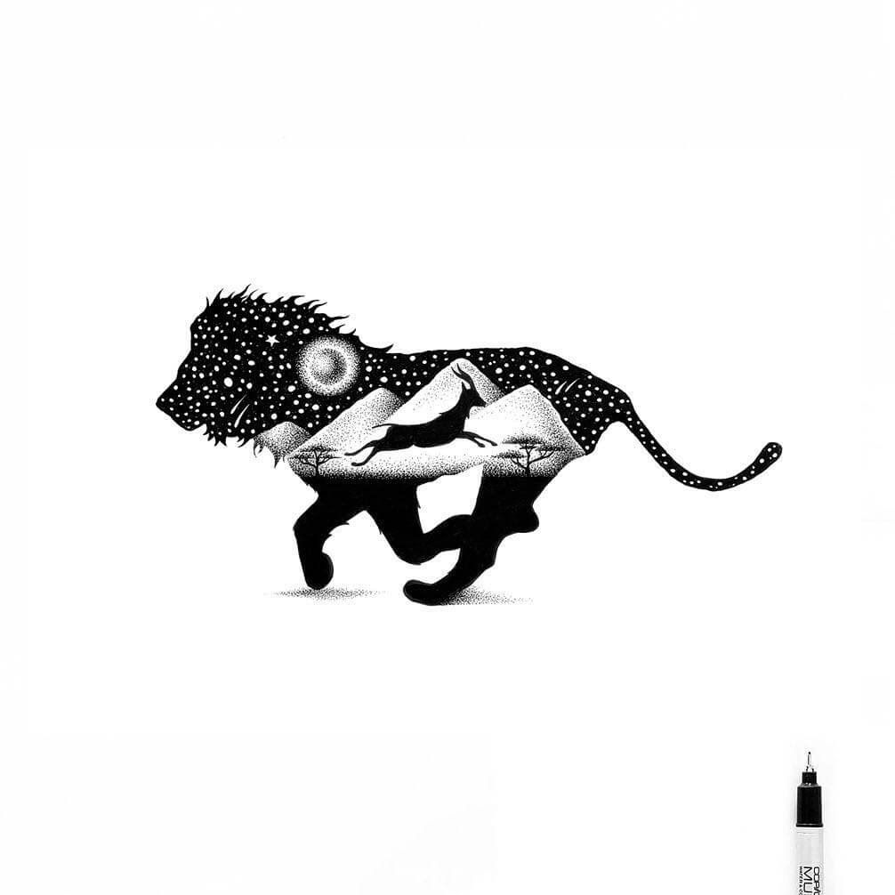 1006x1006 ink animal drawings within a drawing double exposure stippling