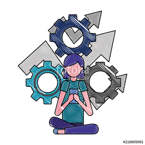 500x500 Woman With Smartphone And Gear Arrows Work Color Drawing Stock