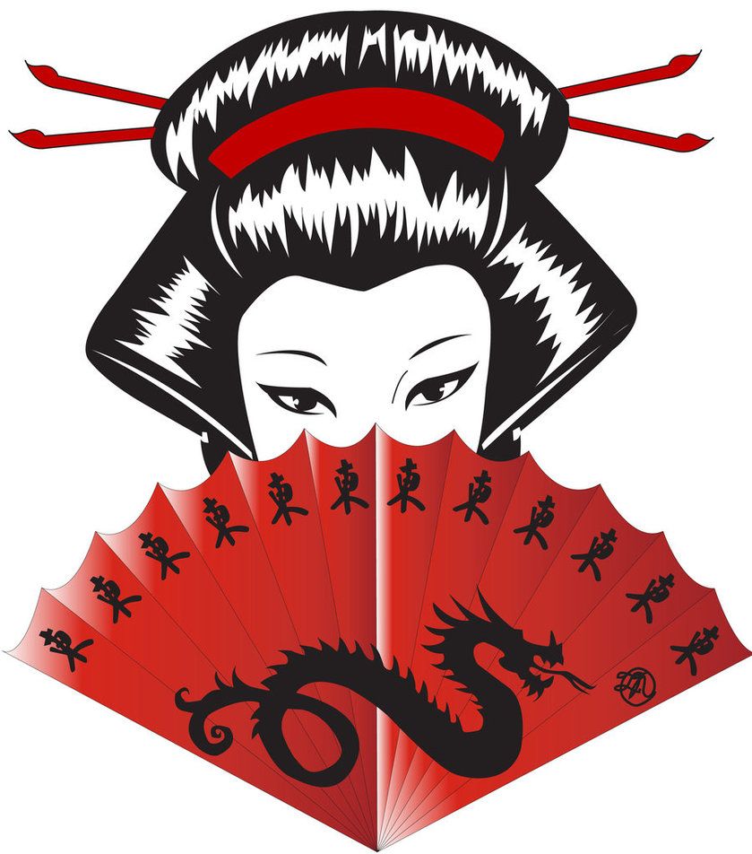 839x952 Japanese Dragon Red Fan Geisha Art