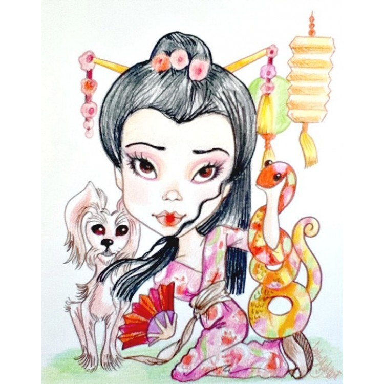 750x750 Snake And Geisha Big Eye Fantasy Art Print, Artwork