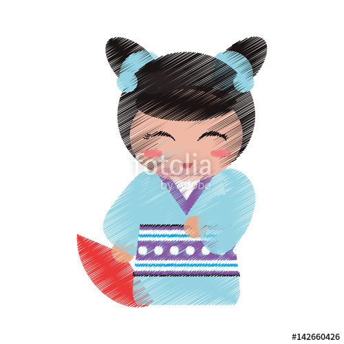 500x500 Drawing Japanese Doll Geisha Folk Image Vector Illustration