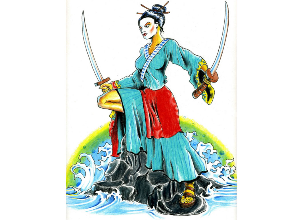 1024x768 Warrior Geisha Tattoo Design