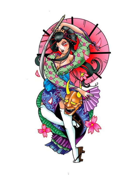 570x738 Items Similar To Geisha Warrior Tattoo Design On Etsy