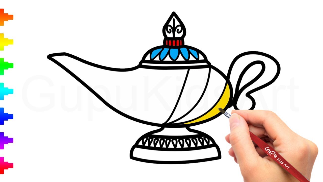 1280x720 Genie Lamp Drawing And Coloring For Kids How To Draw Magic Lamp