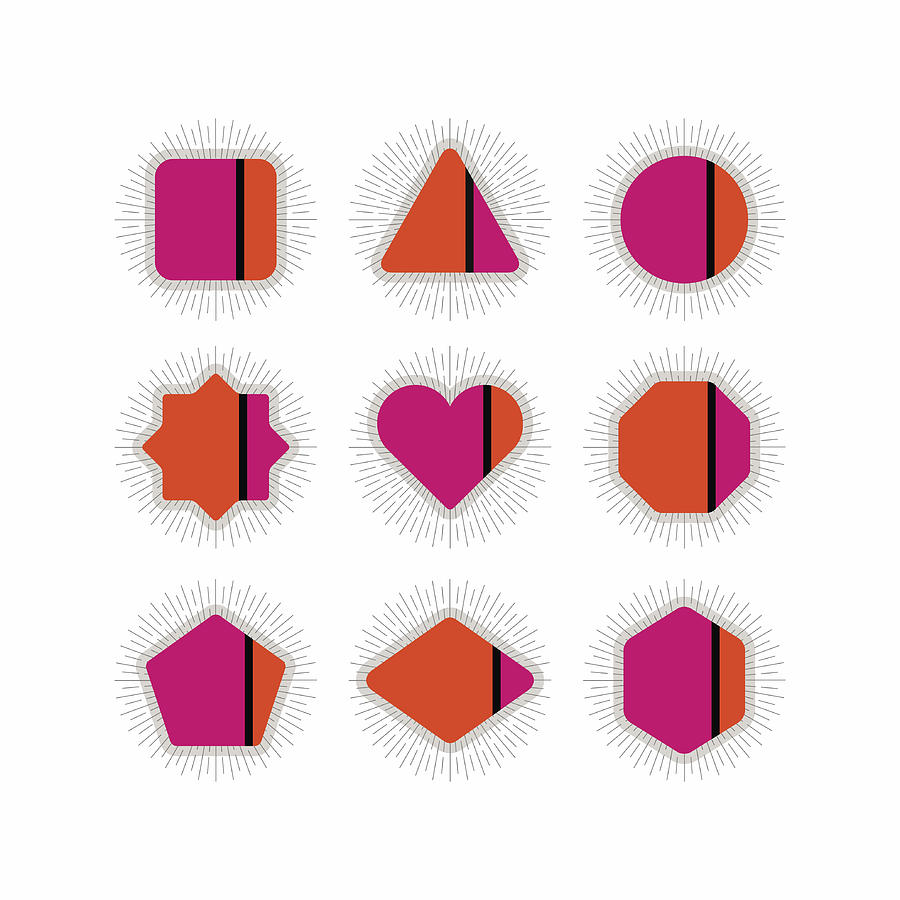 900x900 vivid pink and orange geometrical stripe icons set with sunbeams