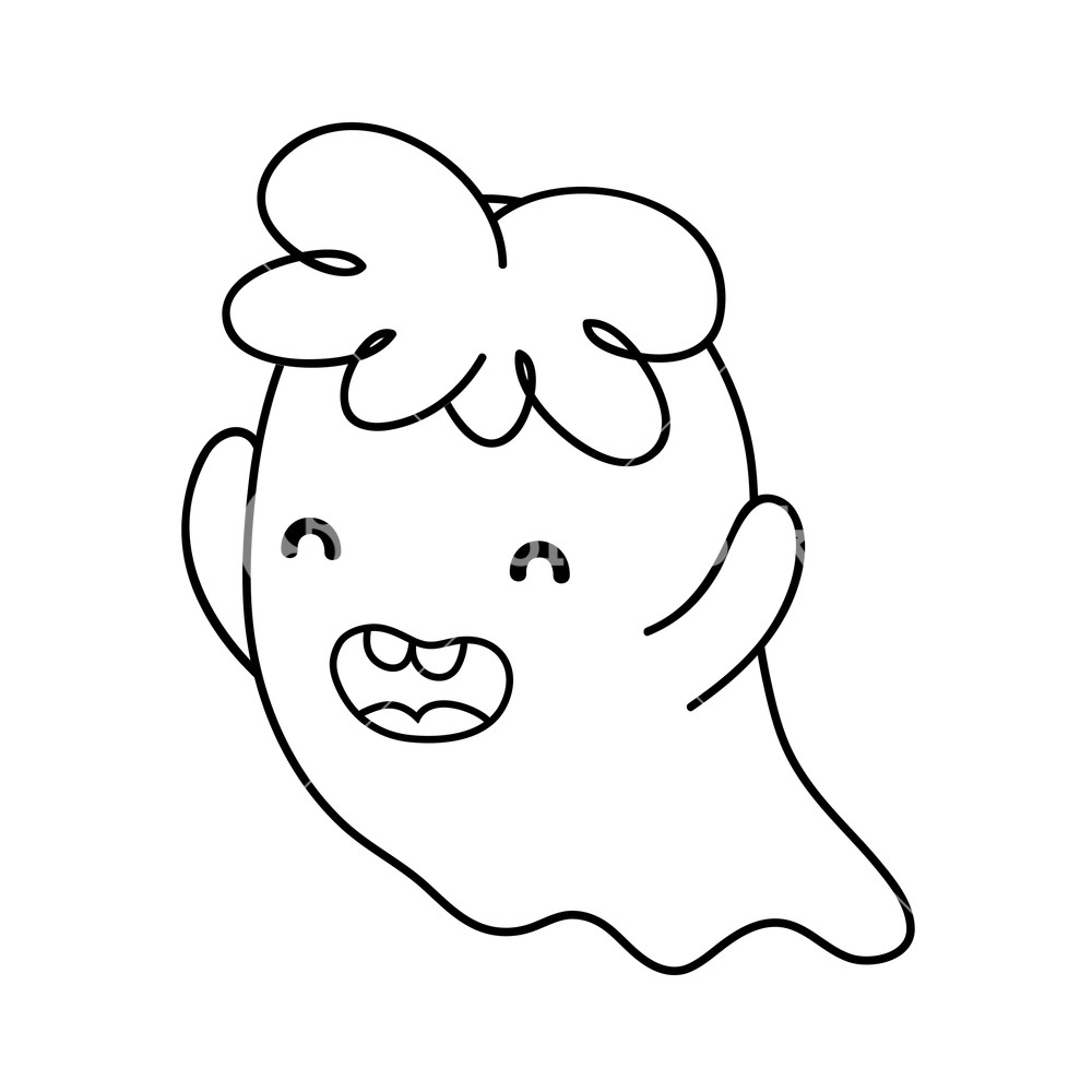1000x1000 Outline Happy Ghost Character With Curly Hair Vector Illustration