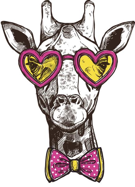435x600 Hipster Pencil Sketch Giraffe With Heart Glasses And Bow Tie Vinyl