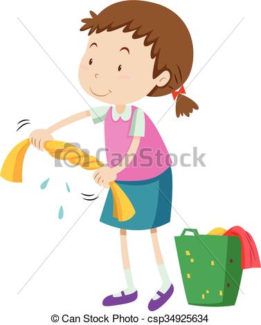 377x470 Little Girl Squeezing Clothes Illustration Vectors