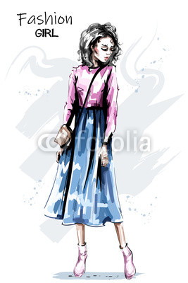267x400 Hand Drawn Beautiful Young Woman In Skirt Stylish Elegant Girl