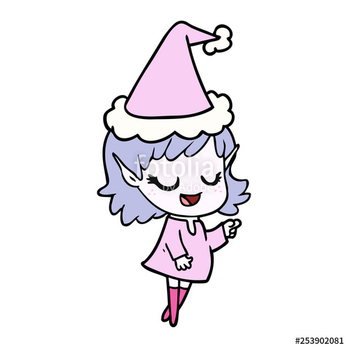 500x500 Happy Line Drawing Of A Elf Girl Pointing Wearing Santa Hat Stock