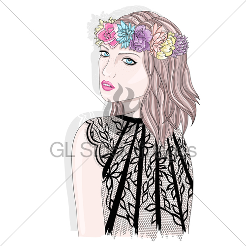 500x500 Young Girl With Flower Crown Fashion Illustration Gl Stock Images