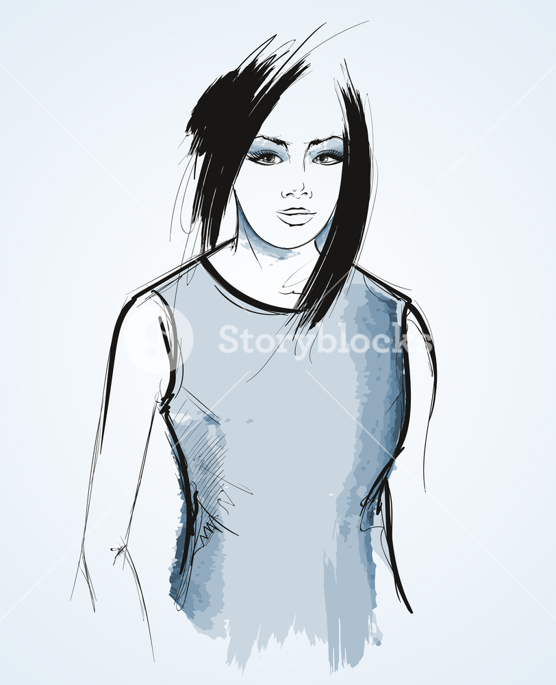 812x1000 Black And White Fashion Girl Portrait On A Light Blue Background