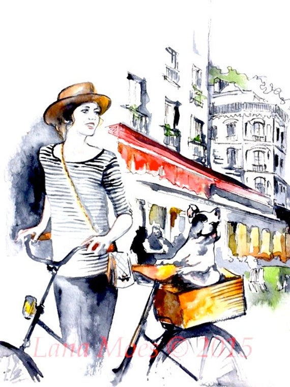 570x760 parisian girl and frenchie print from original watercolor etsy