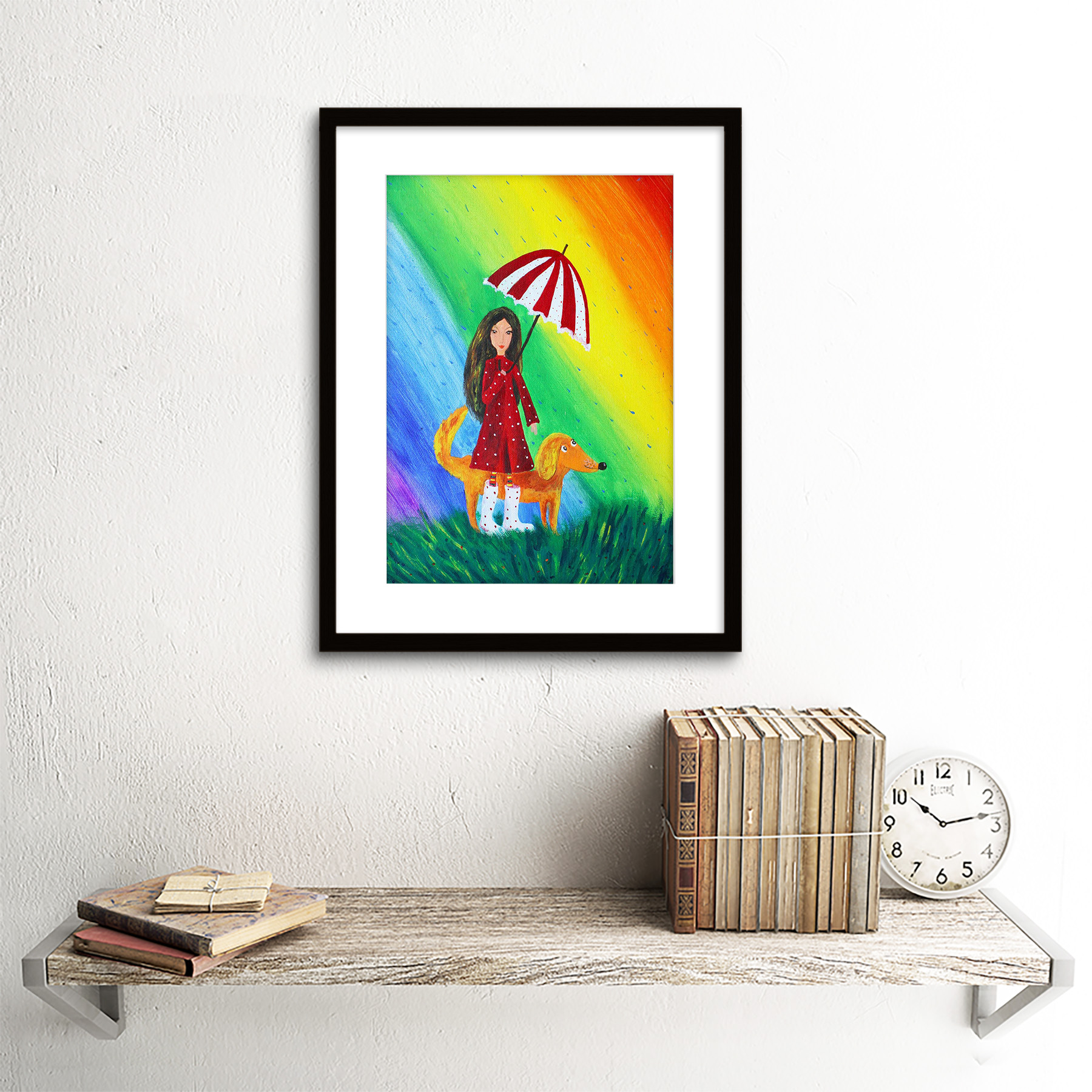 1800x1800 Drawing Girl Dog Rainbow Umbrella Rain Colour Red Coat Framed