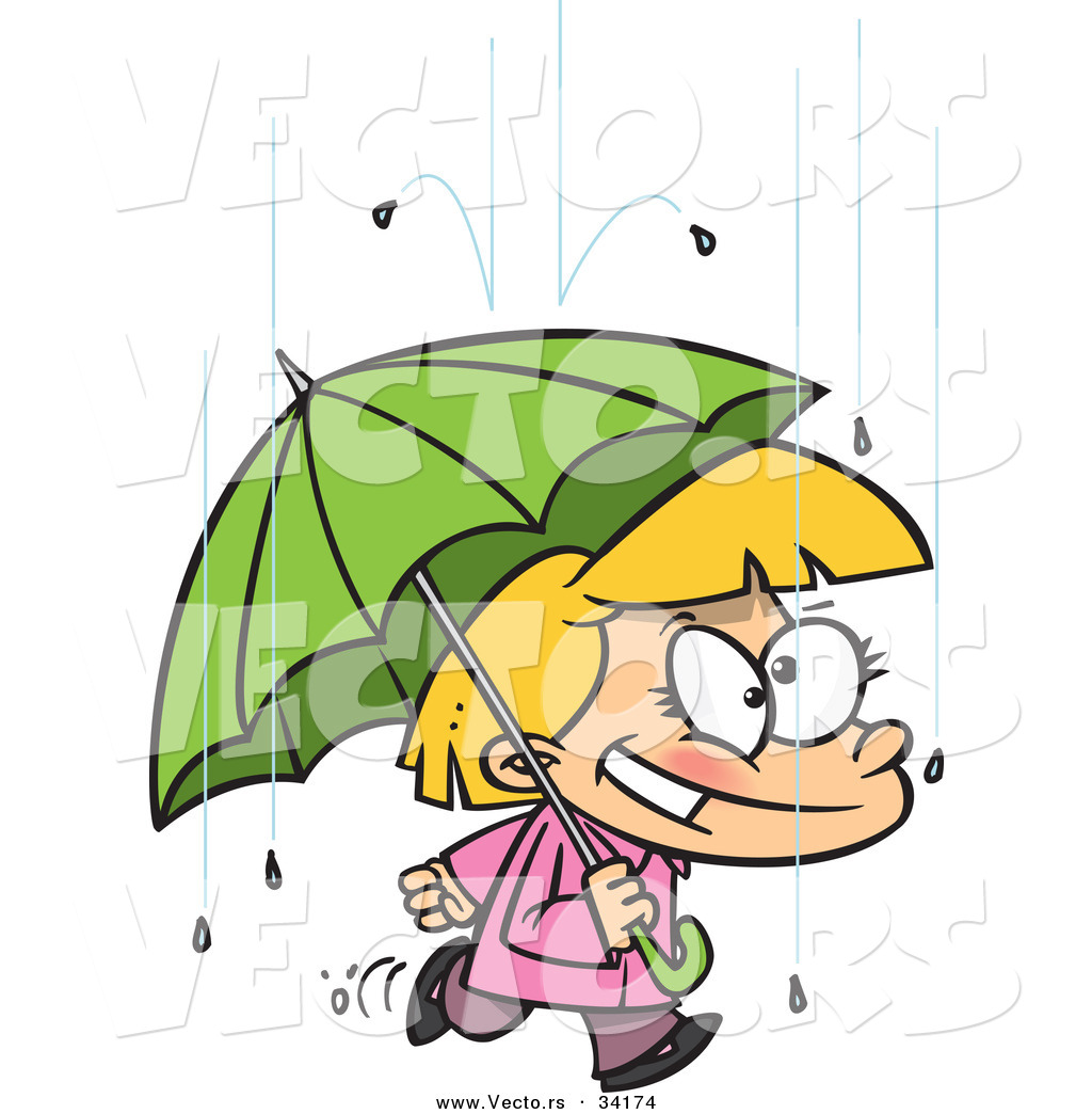 1024x1044 vector of a happy cartoon girl quickly walking under an umbrella