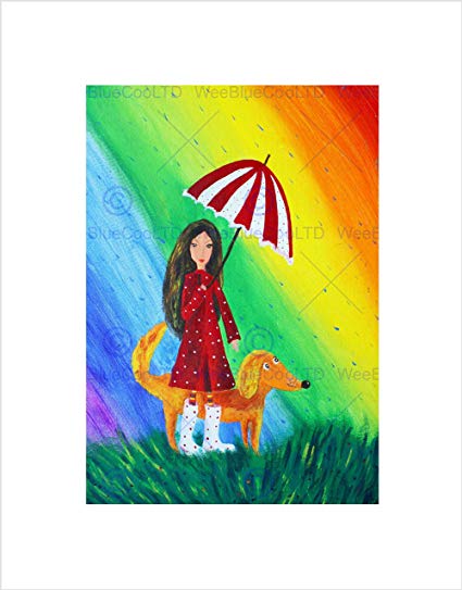 425x543 The Art Stop Drawing Girl Dog Rainbow Umbrella Rain