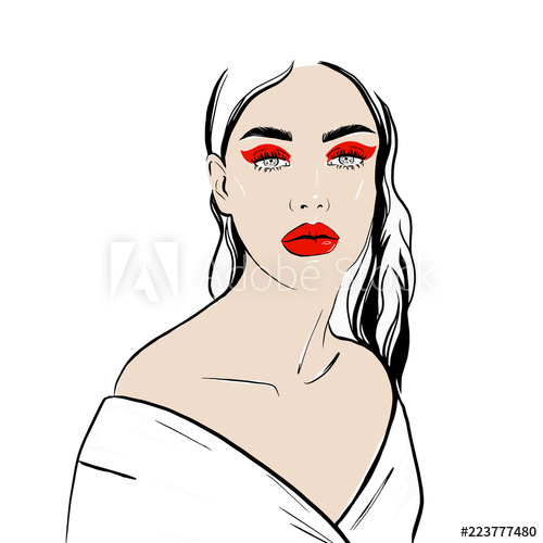 500x500 Beautiful Woman Face With Red Lips Hand Drawn Vector Illustration