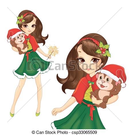 450x470 Brunette Christmas Girl With Monkey Vector Illustration