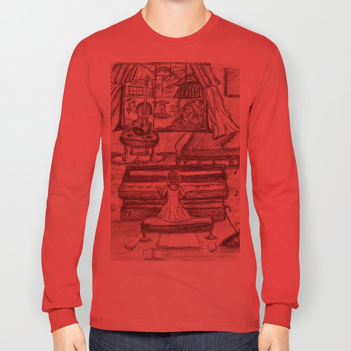 700x700 Black White Girl Playing Piano Pen Drawing Long Sleeve T Shirt