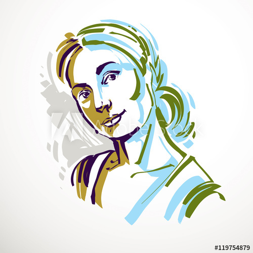 500x500 Vector Art Drawing, Portrait Of Romantic Girl Isolated On White