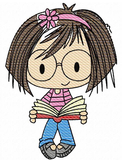 489x640 Girl Wearing Glasses With Book Sketch Embroidery Design